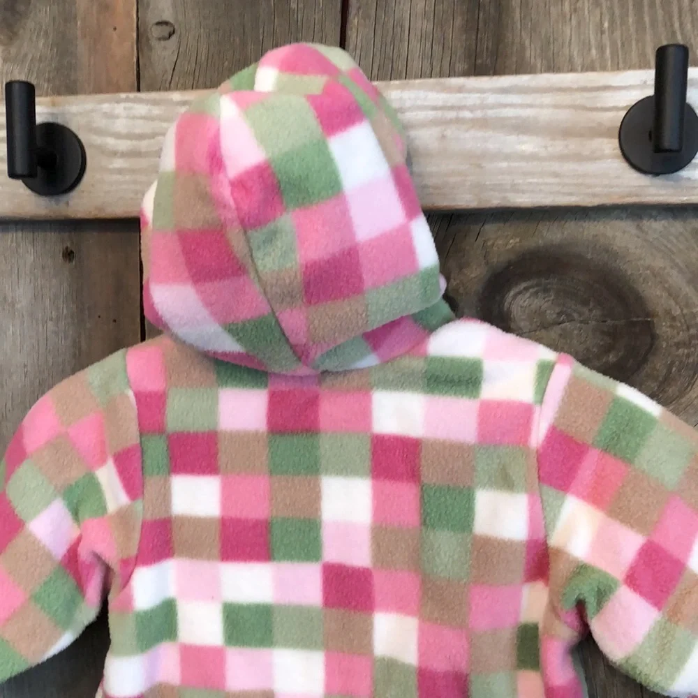 Children’s Place Pink Green Checkered Full Zip Fleece Hooded Jacket 3-6 months
